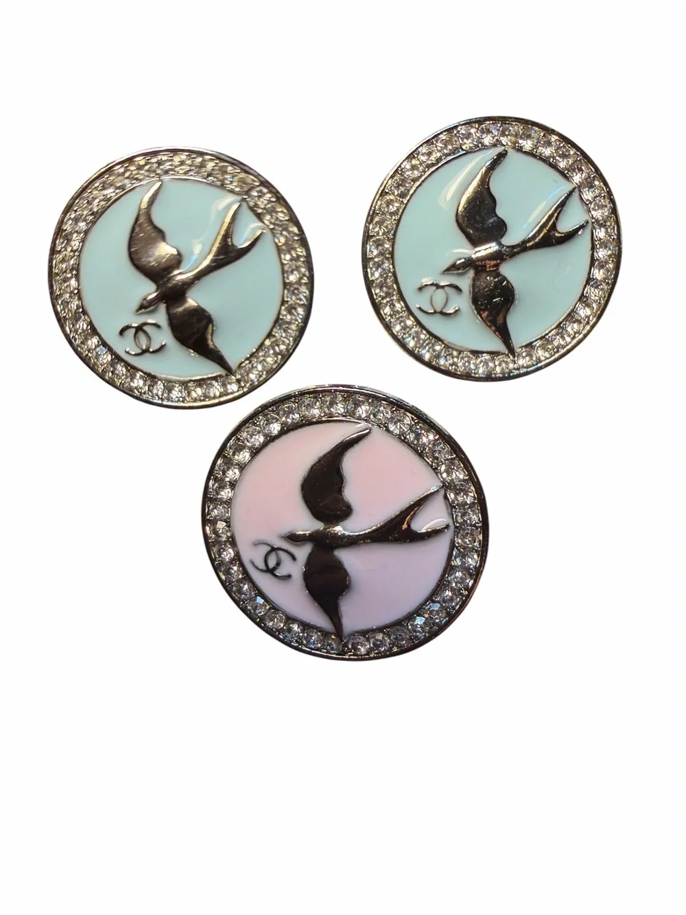 CHANEL Pastel Bird Crystal-Trim Button Trio - Blue & Pink